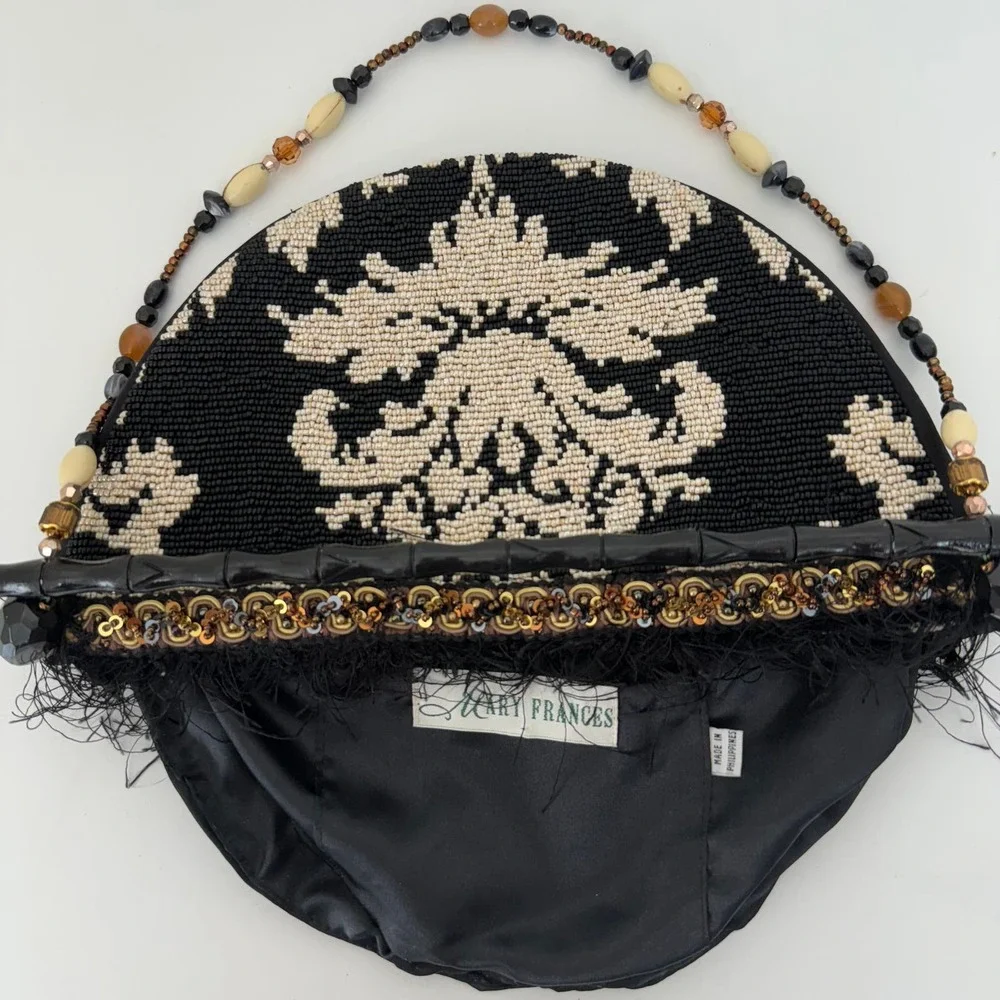 Mary Frances Fully Beaded Semi-Circle Clutch Bag Feather Trim Wood Handle - Picture 6 of 12